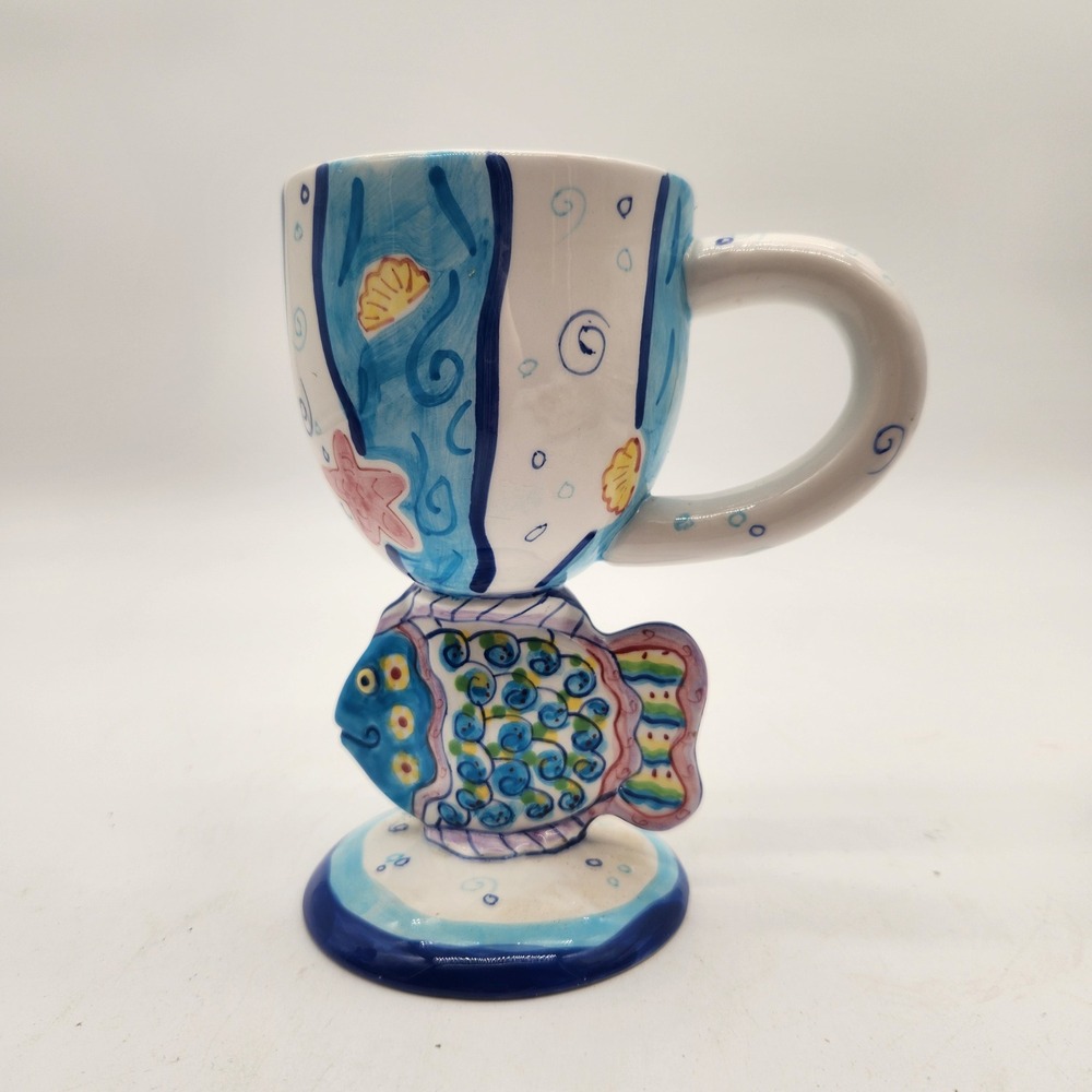 Bella Casa By Ganz Hand Painted Ceramic Fish Pedestal Goblet Coastal Seashell